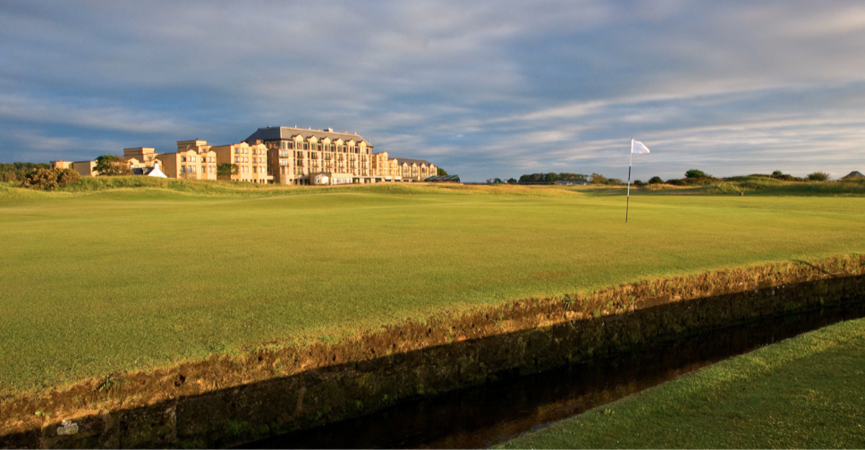 The famous first hole of the Old Course is called the widest fairway in golf, but hard to hit with your knees knocking.
